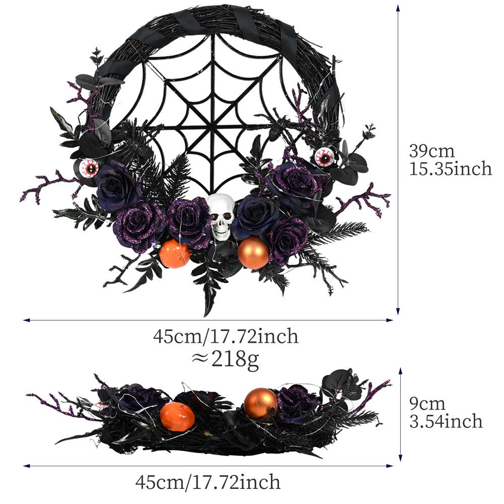 Halloween Wreath With Led Lights, Scary Halloween Rose Web Wreath Horror Skull Vine Wreath Decoration For Front Door Walls Fireplace Windows