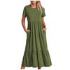 Women's Summer Casual Short Sleeve Crewneck Swing Dress Flowy Tiered Maxi Beach Dress With Pockets