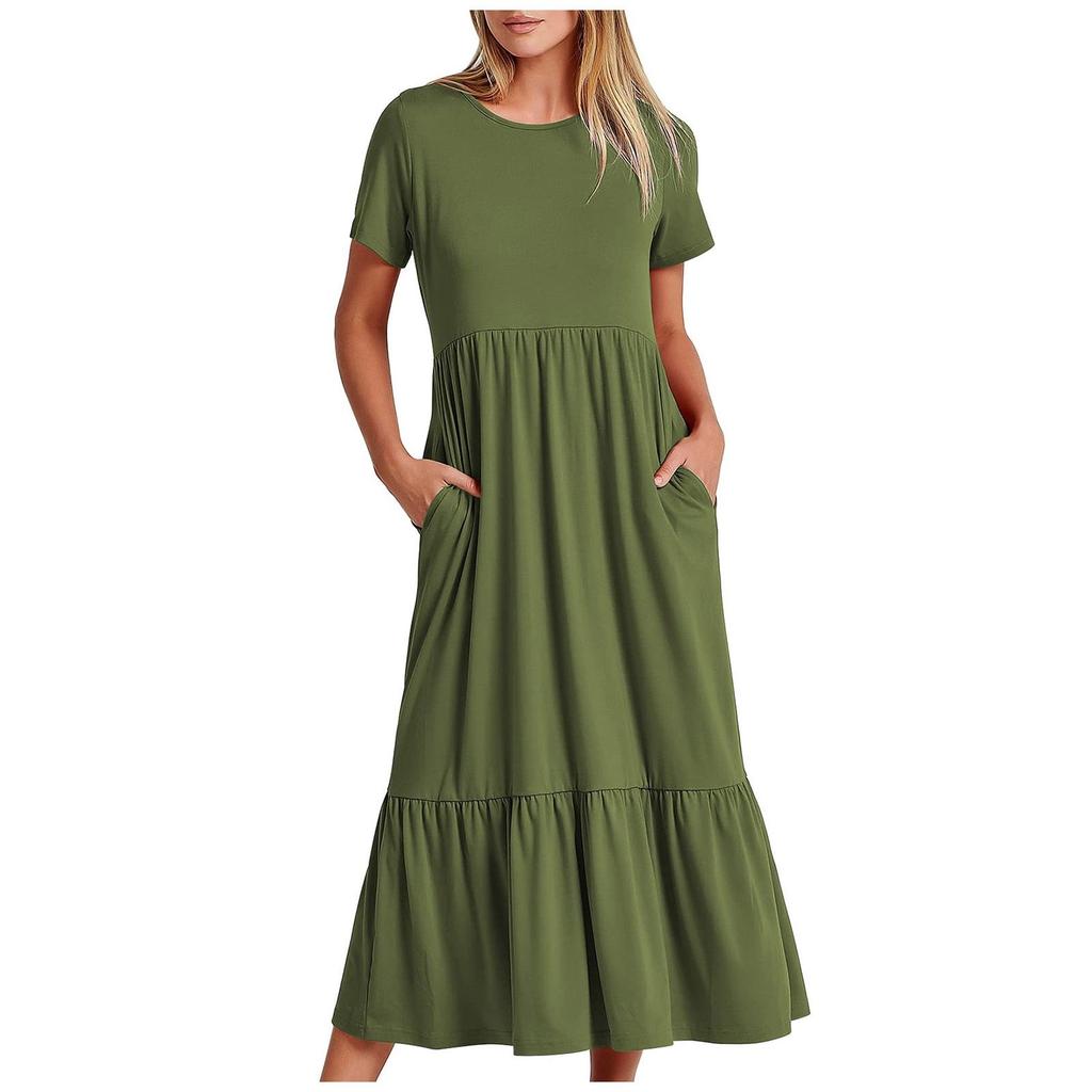 Women's Summer Casual Short Sleeve Crewneck Swing Dress Flowy Tiered Maxi Beach Dress With Pockets