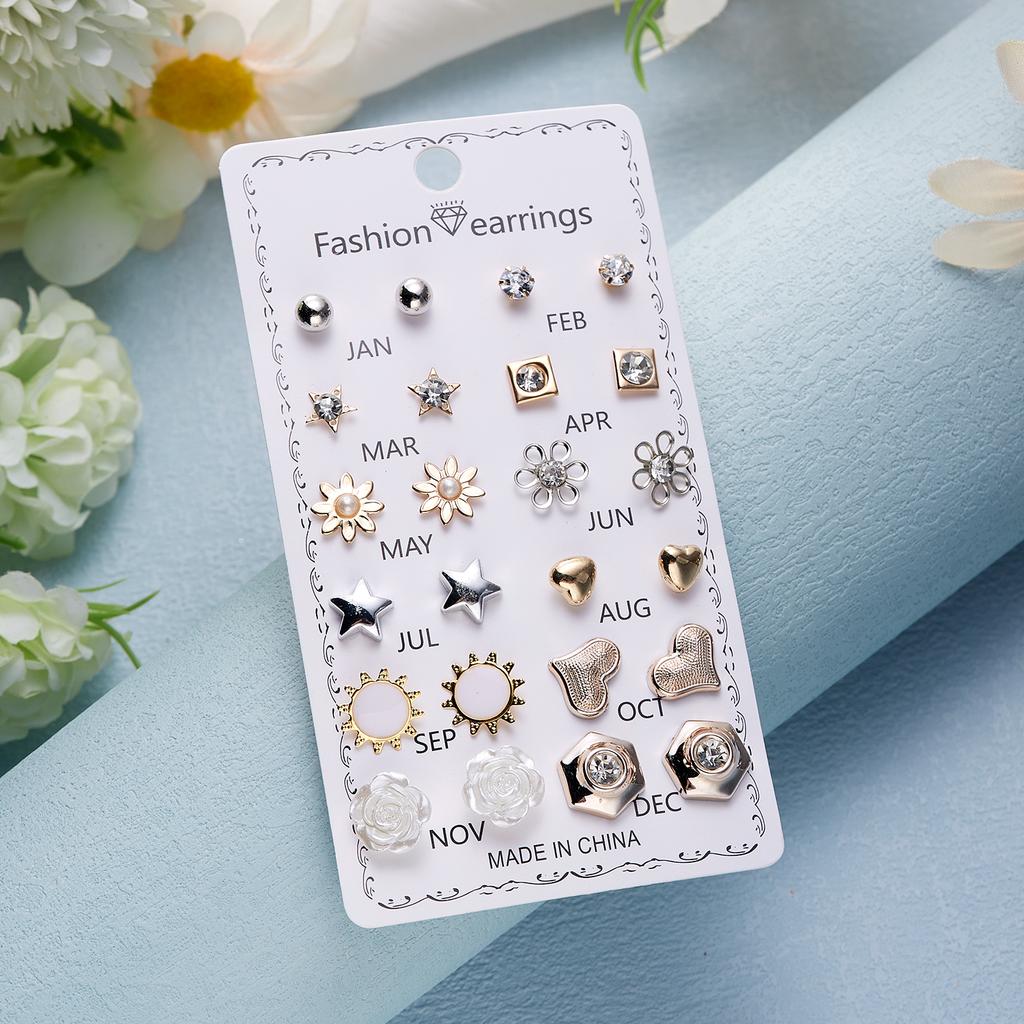 12 Pairs/set Crystal Simulated Pearl Stud Earring Sets For Women Shiny Rhinestone Flower Moon Star Metal Earring Mixed Zircon
