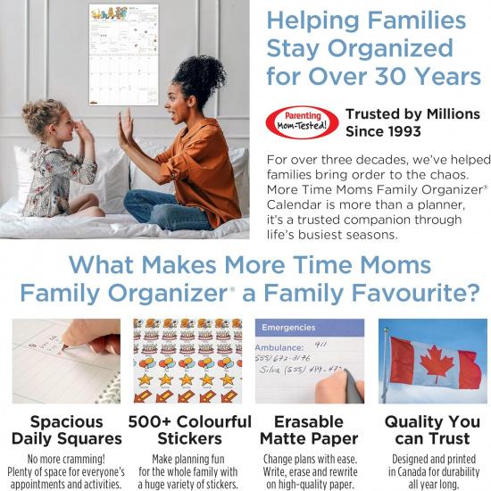 More Time Moms Family Organizer & Calendar, 2026 (15x22 Inches) - September 2025 to December 2026 - Larger & More Space for in-Depth Planning -