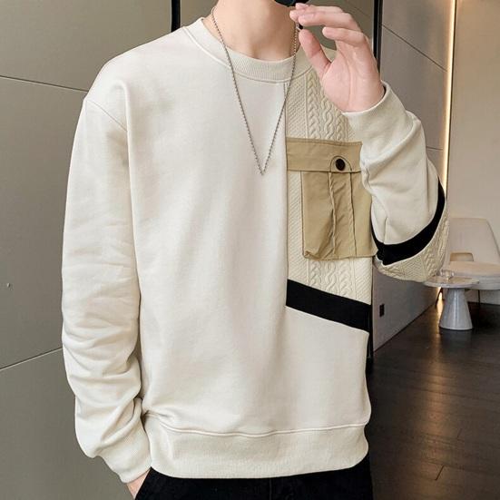 Осень-весна Мужская толстовка с круглым вырезом Аппликация Карман в стиле пэчворк Сплошной цвет с длинным рукавом Свободный пуловер Мягкий дышащий средней длины Мужской повседневный топ