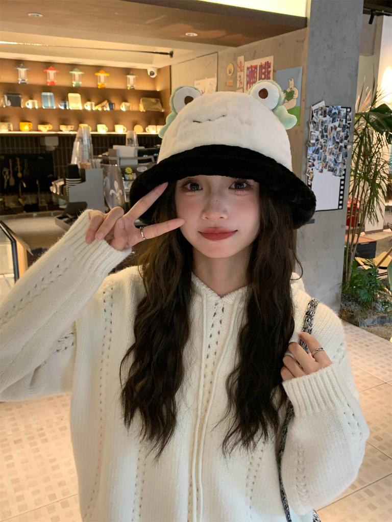 Теплая шляпа-ведро контрастного цвета с лягушкой на осень/зиму 2024 года — модная и милая шляпа-тазик с большой окружностью головы