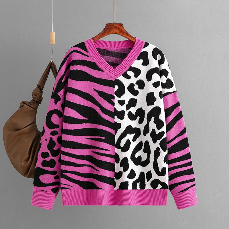 2023 Autumn/Winter Leopard Print Patchwork Knit Pullover Sweater
