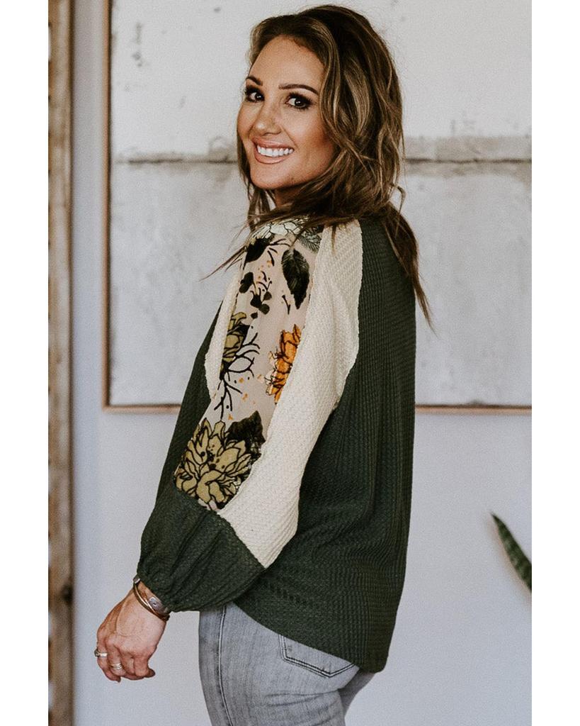 Azura Exchange Green Plus Size Floral Raglan Colorblock Patchwork Knit Blouse