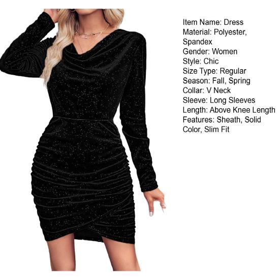 Женское мини-платье с V-образным вырезом, облегающее, с плиссировкой, с длинными рукавами, с неровным подолом, однотонное, эластичное, короткое платье для клубной вечеринки на осень-весну