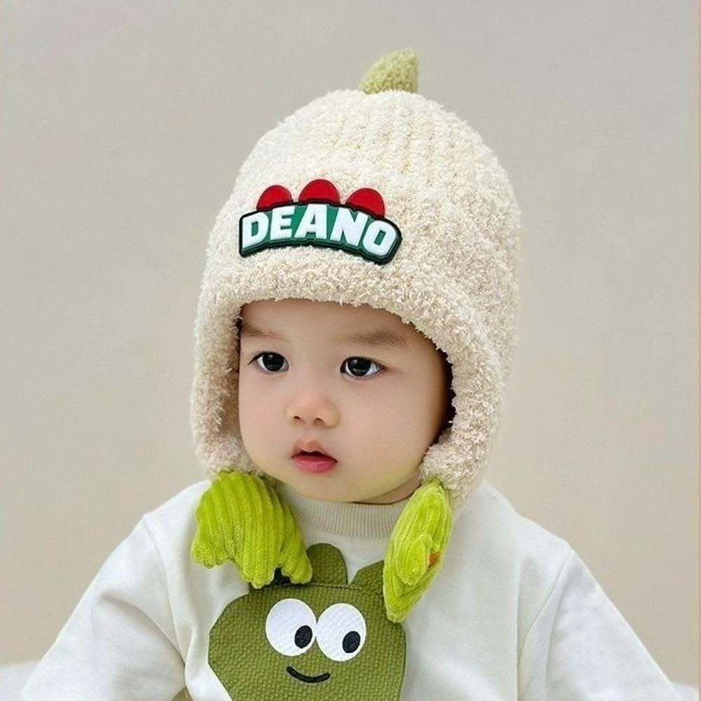 Cute Dinosaur Pullover Cap Windproof Plush Knitted Cap New Ear Protection Hat 2-6Y