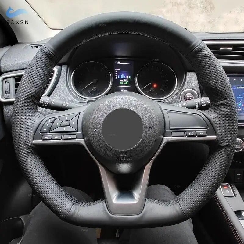 Car Steering Wheel Cover For Nissan Qashqai X-Trail Leaf Micra Rogue Sport Kicks 2018- Altima Black Perforated Leather