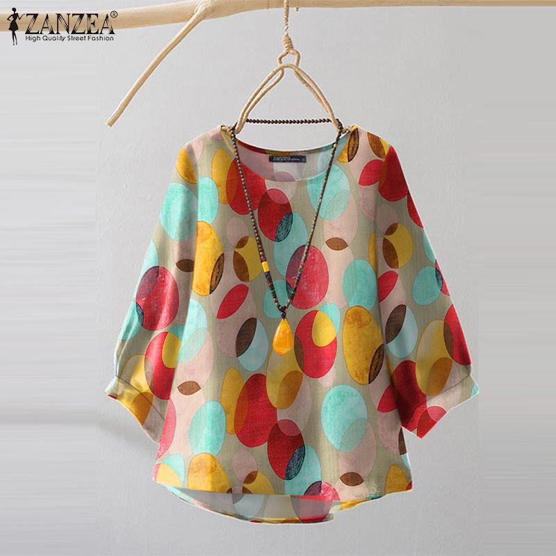 ZANZEA Women Round Neck 3/4 Sleeve Casual Print Blouse