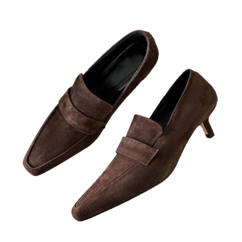 Версия из овчины~ ретро замшевые туфли-лоферы с маленьким квадратным носком, на тонком каблуке-рюмочке, с глубоким вырезом, одинарные туфли, женская обувь, обувь для работы, туфли на высоком каблуке