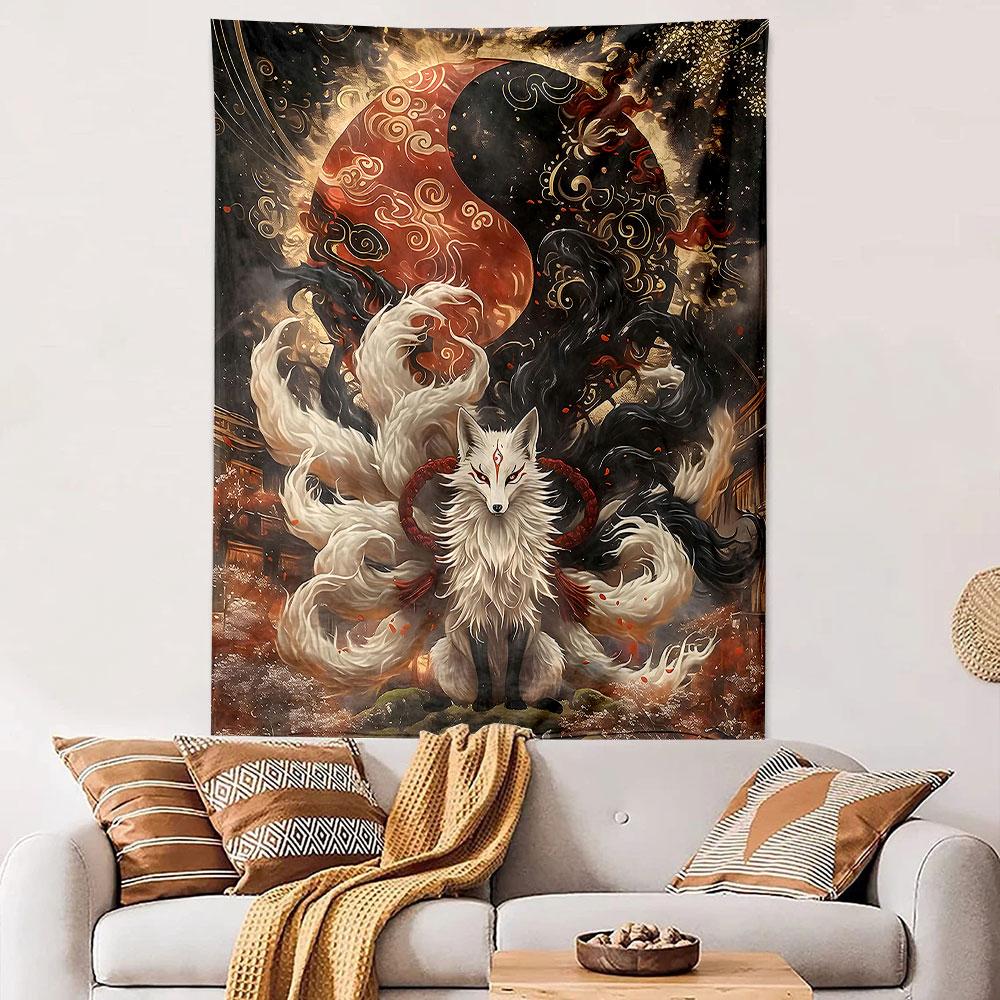 Nine Tailed Fox Wall Tapestry White Kitsune Spirit Yin Yang Moon Japanese Myth Decor for Bedroom Living Room Gift