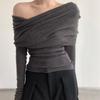 Off Shoulder Long Sleeve Knit Sweater Women Spring Autumn Boat Neck Top Base Layer Outerwear Shirt