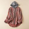 Осенняя двухслойная хлопковая пряжа в полоску с капюшоном повседневная рубашка верхняя куртка для женщин блузки и рубашки