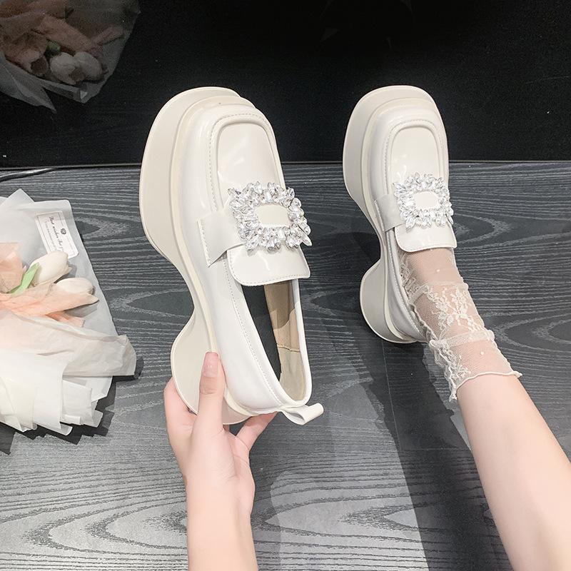 Весна-осень Лоферы из искусственной кожи Туфли женские на толстой подошве с квадратным носком Туфли-лодочки в стиле ретро со стразами Мокасины