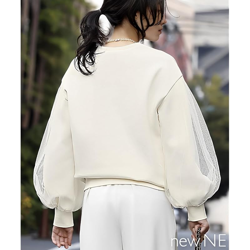 [Nune] Volume Sleeves Docking Pullover Ladies Long Sleeve Relaxing Easy Tulle Tops Spring Autumn Design Blouse Cool Cute Loose Material Around the