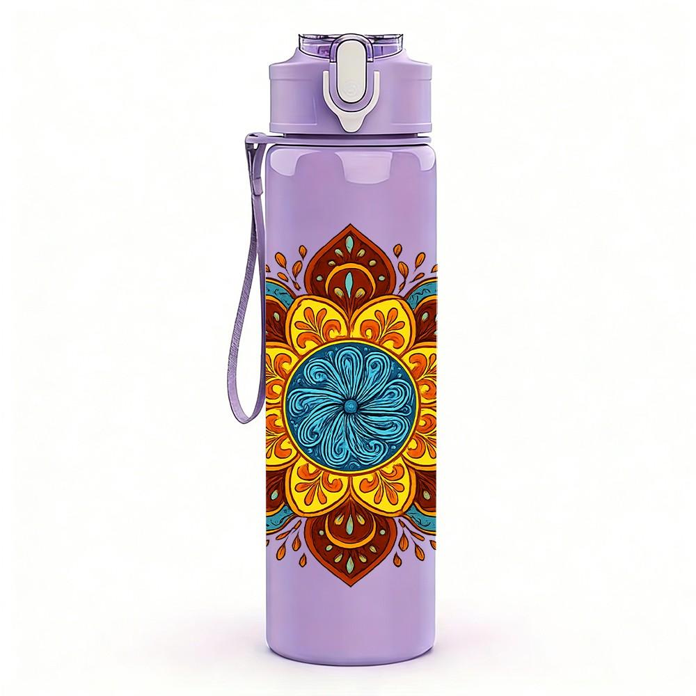 1PC Brown Orange Mandala Pattern 750ml Color Plastic Sports Water Bottle Leakproof Flip Straw Lid Suitable for Sports Office Home Use