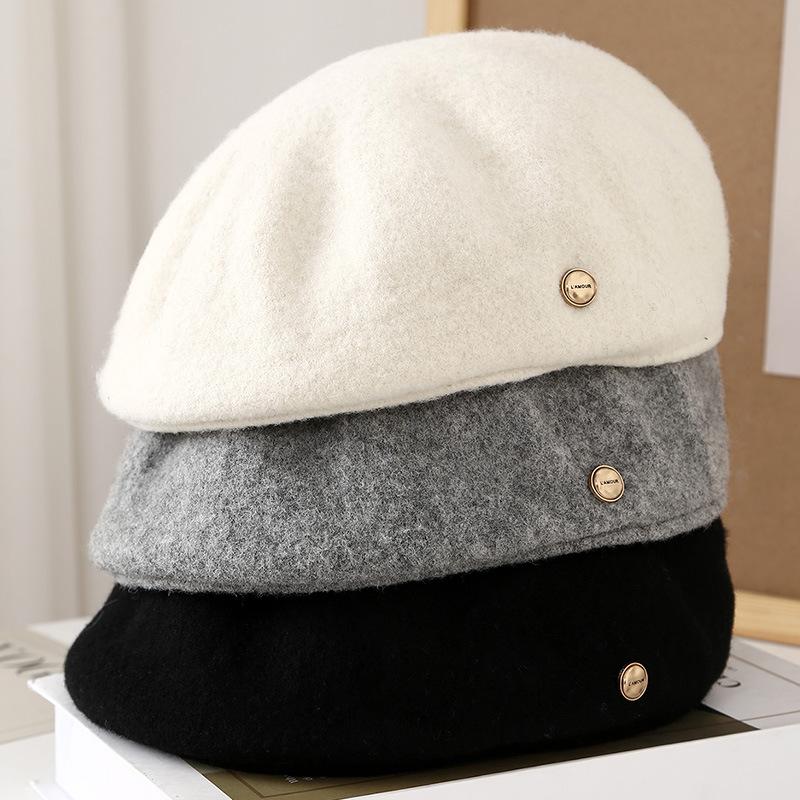 Woolen solid color cap women's autumn and winter literary and versatile big head circumference showing face small cloud painter hat