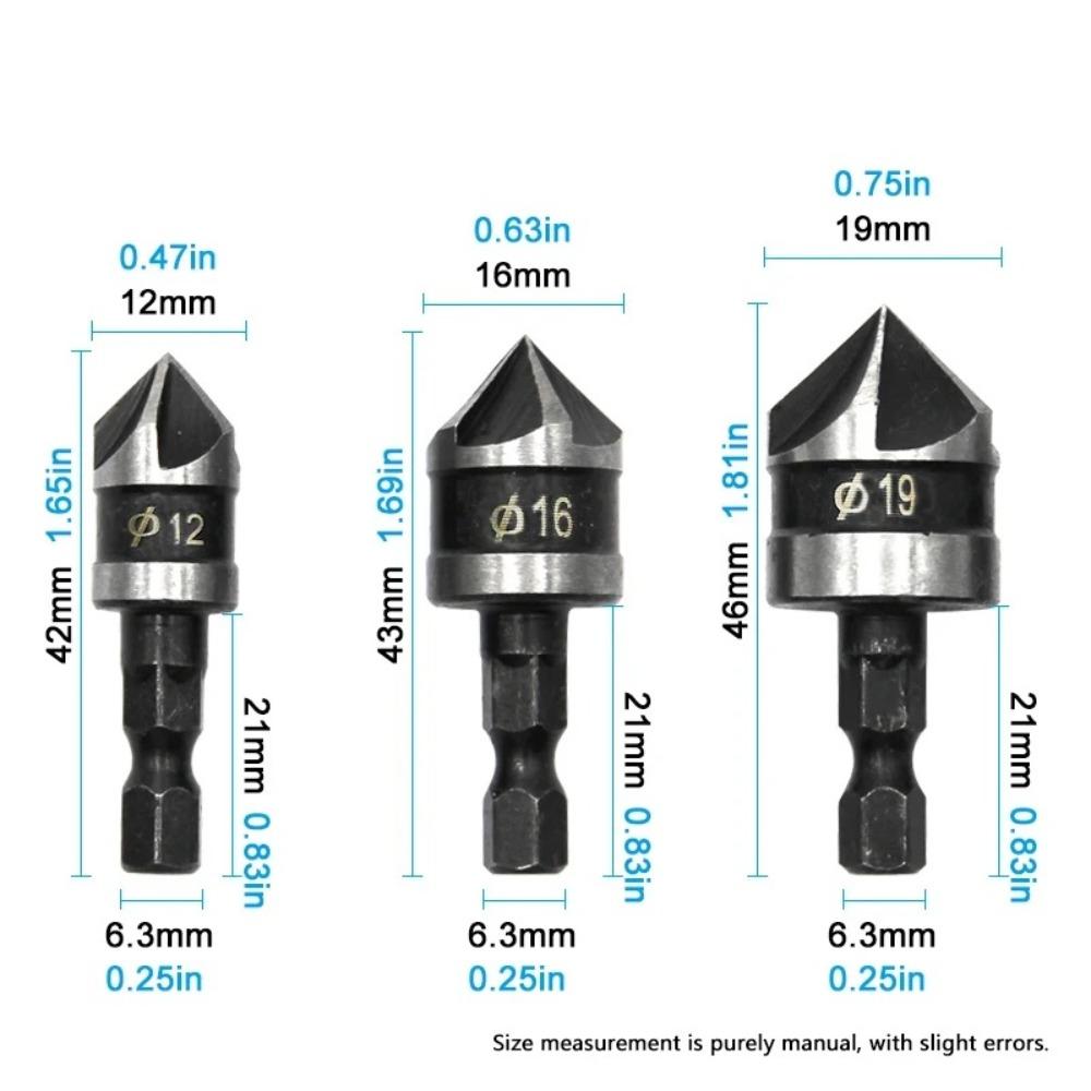 3pcs/1Set Hexagonal Shank Chamfer Counter Sink 12/16/19mm Drill Bit Cutter Carpentry Power Tool
