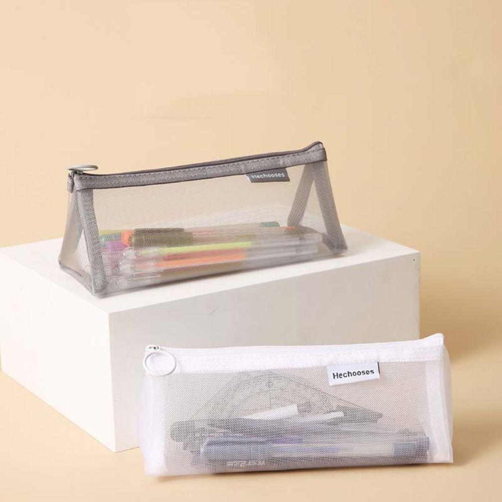 Triangle Mesh Pencil Case Retro Color Zipper Stationery Bag Fashion Transparent Bills Bag Student