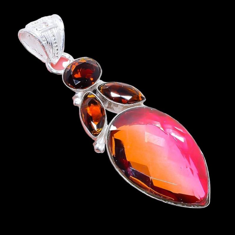 Bi-Color Tourmaline, Smokey Gemstone 925 Sterling Silver Jewelry Pendant 2.5" AH-3295