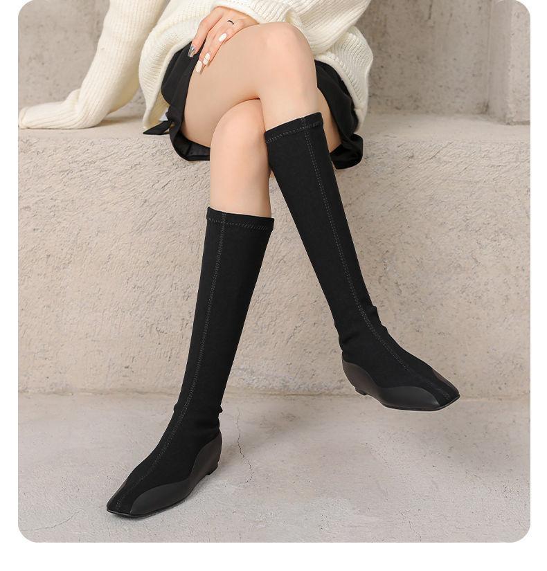Высокие сапоги с квадратным носком женские 2025 новые осенне-зимние рыцарские сапоги на плоской подошве эластичные сапоги сапоги-носки сапоги-чулки