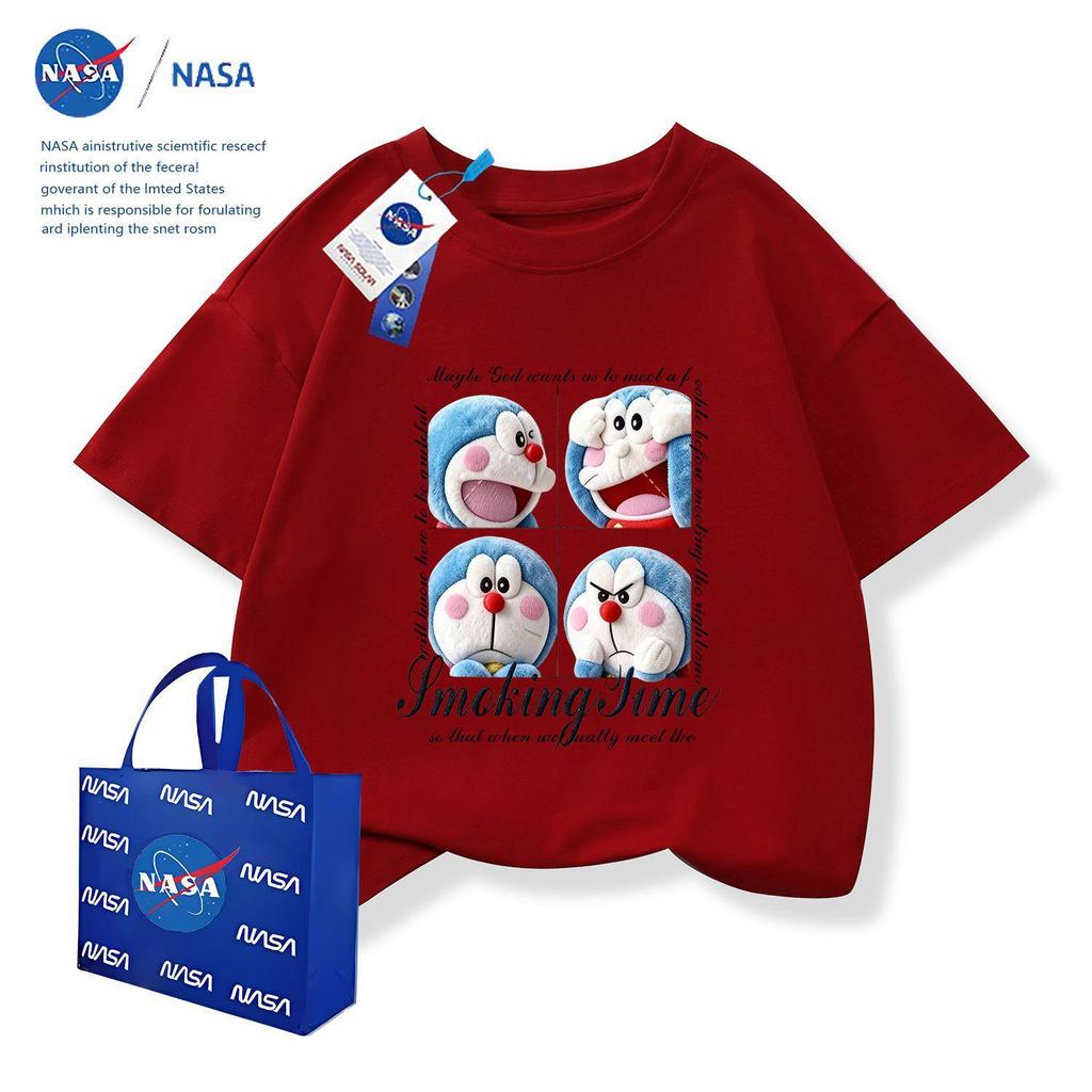 NASA x Doraemon Kids Cotton Round Neck T-Shirt with Embroidery Print, Short Sleeve