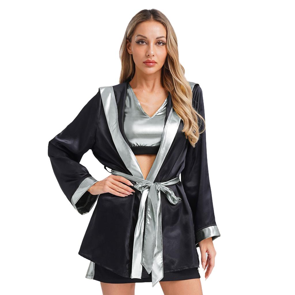 Womens Boxing Ring Outfit V Neck Tank Top Skirt Hooded Coverup Belt Halloween Cosplay Costume Set