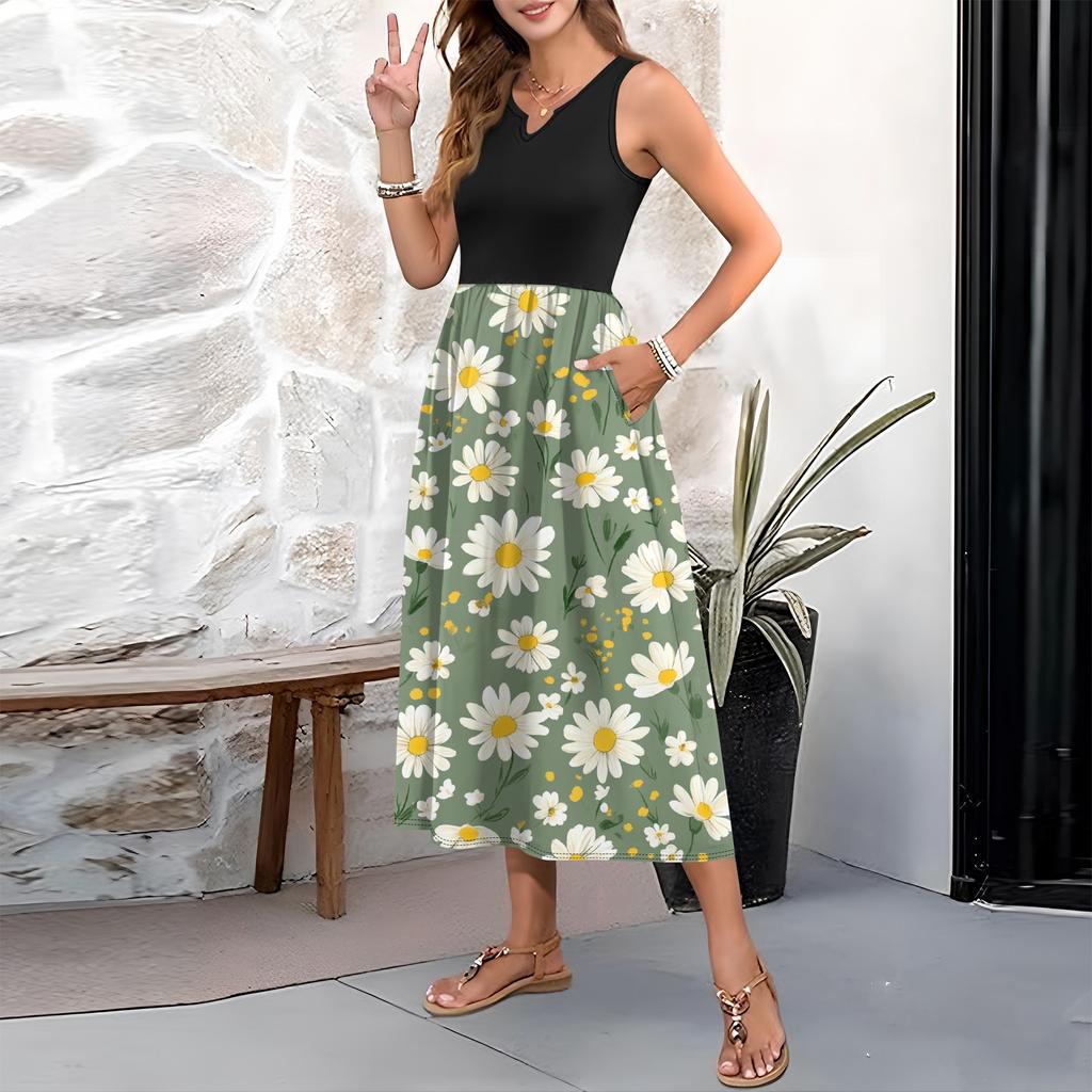 Женское платье без рукавов с цветочным принтом и высокой талией, модное и элегантное