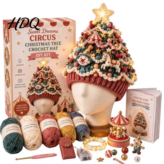 Parent Child Interaction Craft Christmas Tree Crochet Hat DIY Kit Beginner-Friendly Light-Up Kit Complete with Yarn Tools Guide for Holiday