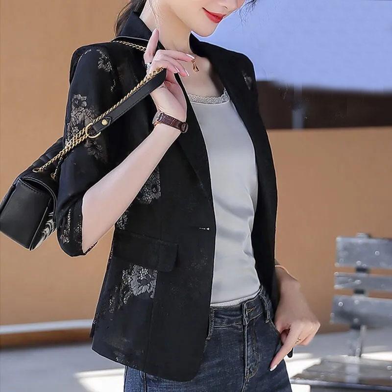 Кружевной костюм с принтом, утягивающий костюм в Корейском стиле, весенне-летняя мода в женском стиле, тонкий тонкий костюм, пальто, женский солнцезащитный крем