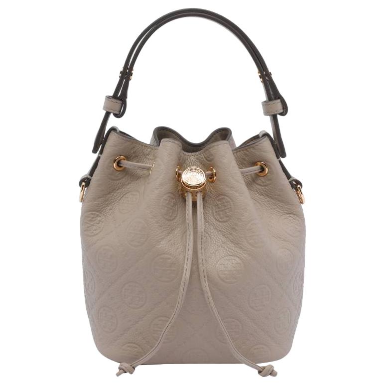 Tory Burch T Monogram Classic Logo Embossed Solid Color Bucket Bag Leather Mini Shoulder Tote Women Bags Light-Beige 175526-200