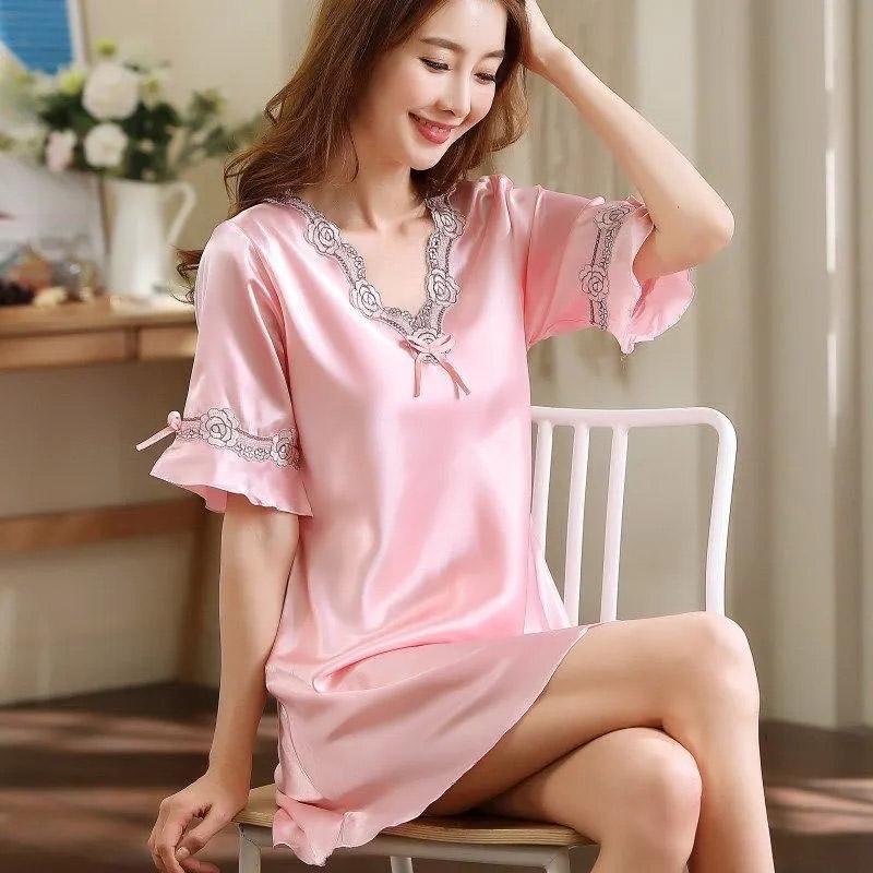 Women's Summer Nightdress Ice Silk Homewear Dress Thin Short Sleeve Silk Pajamas Solid Sexy Nightdress