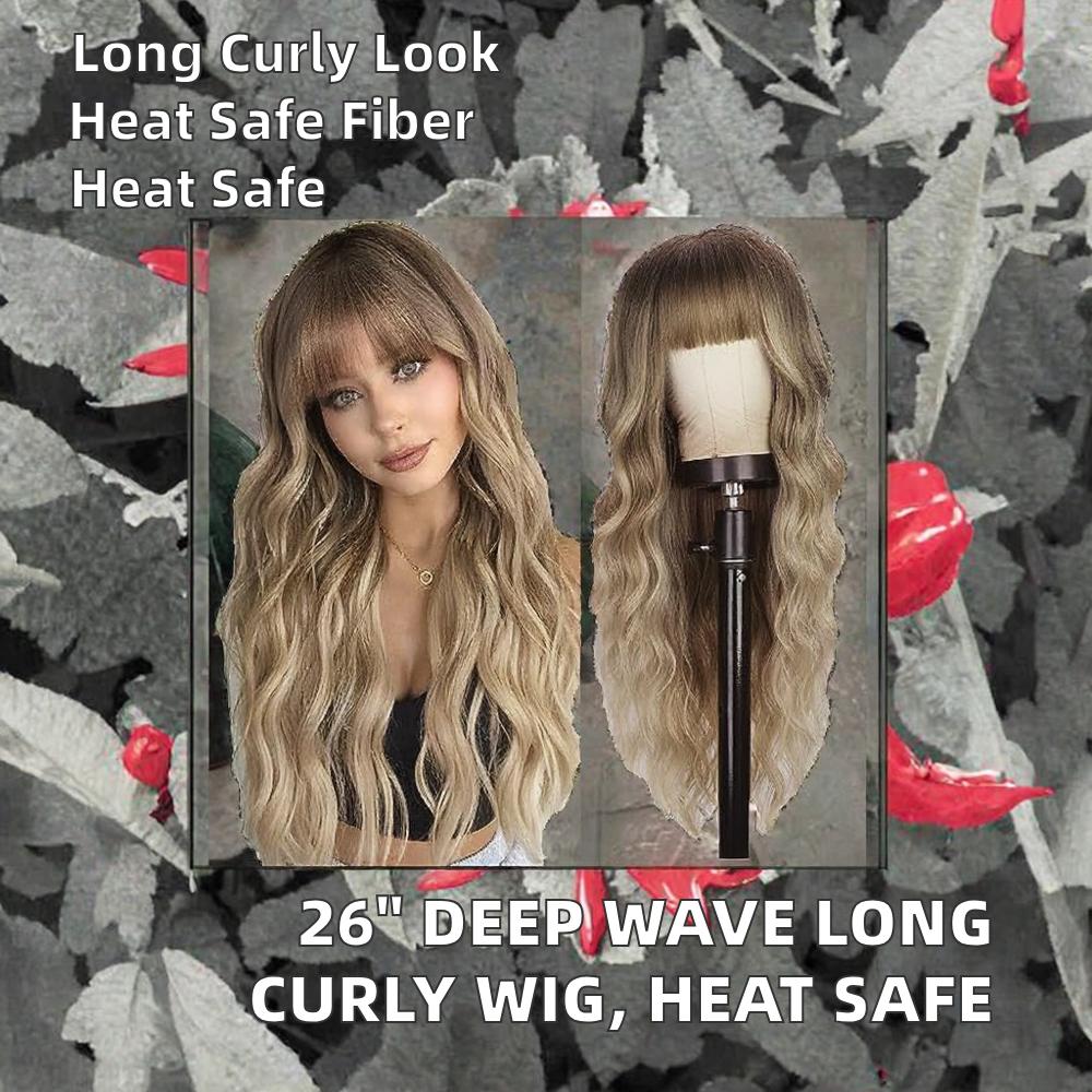 Bangs 26 Inches Deep Wave Body Wave Long Curly Synthetic Hair Wig Heat-Resistant Glueless European American Women High