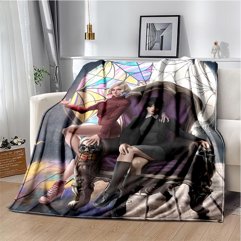 Movie Wednesday Gothic Girl with Umbrella Print Flannel Blanket, Purple Background Throw Blanket