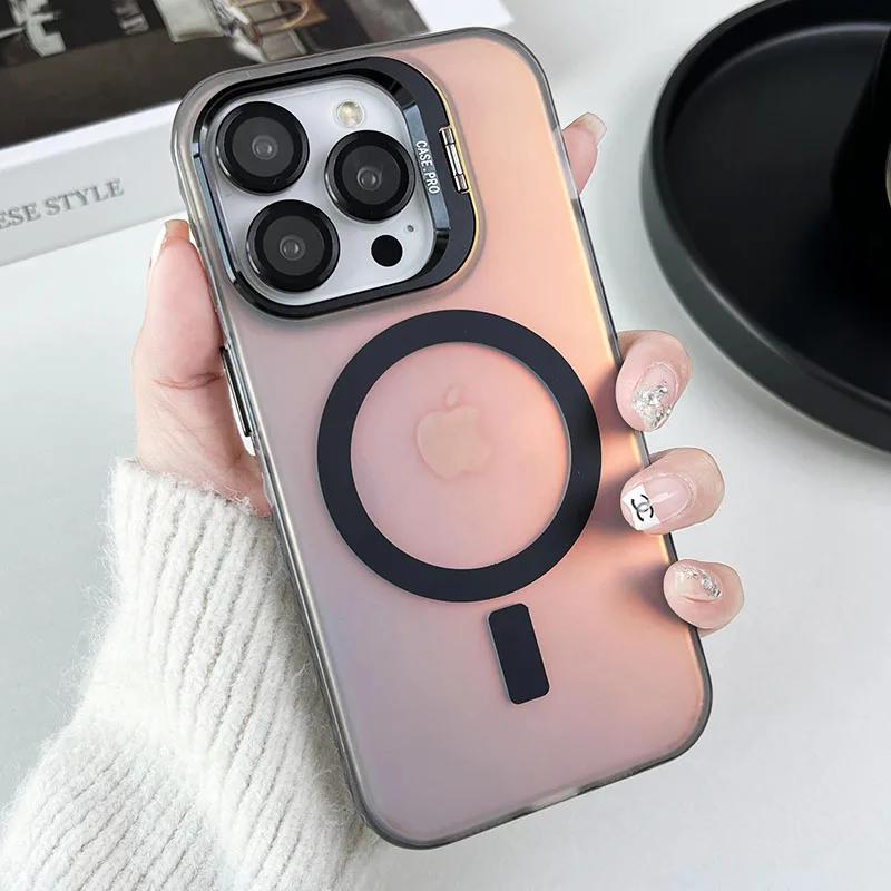 Чехол для телефона Magsafe с изменяемым цветом и магнитной пленкой для iPhone 16, 15, 14, Plus, 13, 12, 11 Pro Max, защитная стеклянная пленка для объектива, металлическая подставка