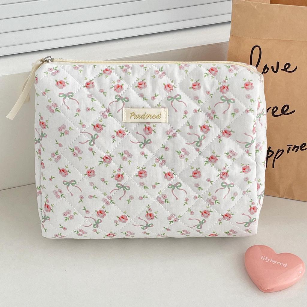 Rose Bow Floral Makeup Bag - Portable, Fresh Design, Perfect for Travel and Storage