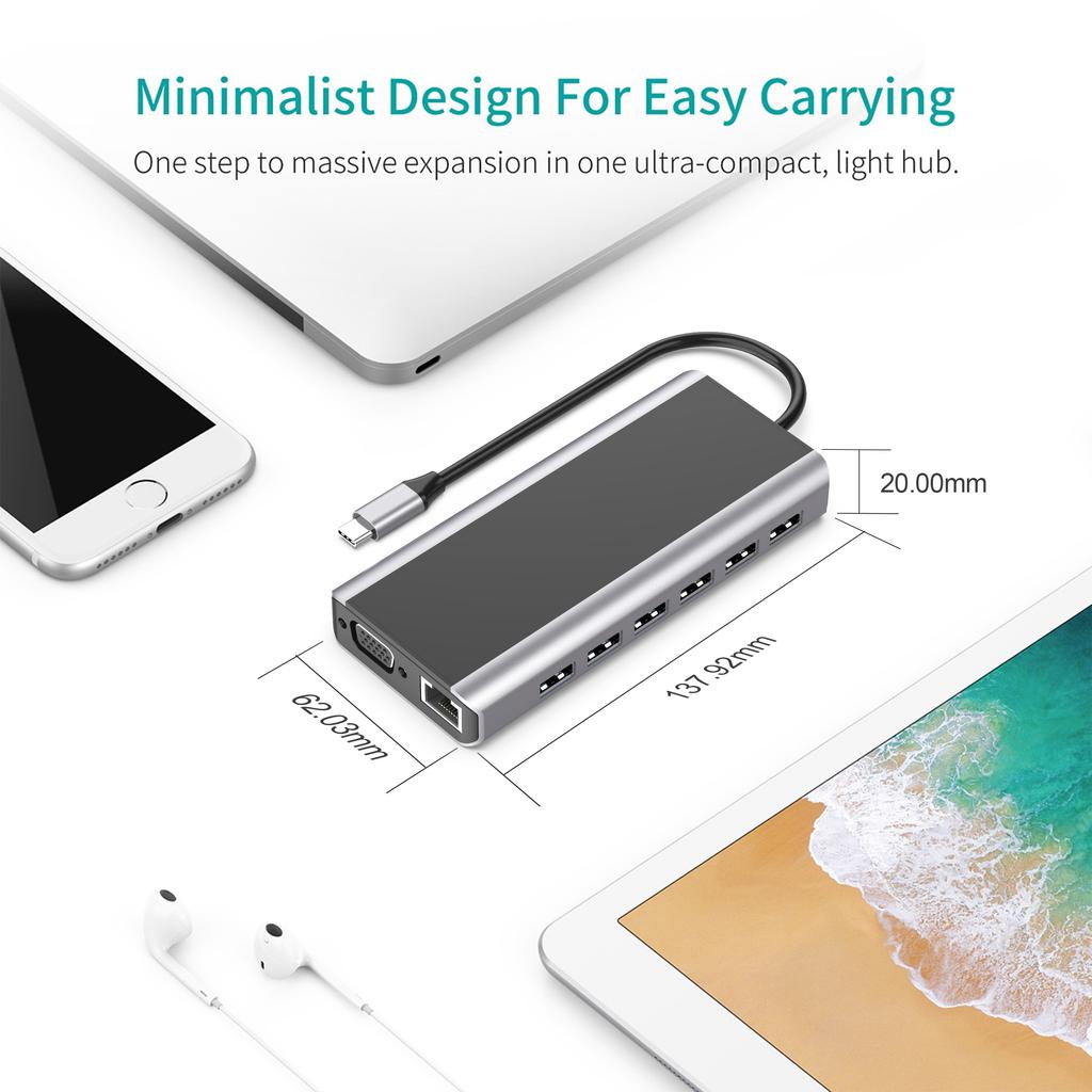 USB 3.0 Type-C Хаб 15 Портов для 2.0 Поддержка SD-карты Скорость Передачи Данных 5 Гбит/с Беспроводная Зарядка Алюминиевый Сплав Электрический Запас