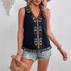 Women's V Neck Sleeveless Tank Top Slim Fit Bohemian Ethnic Embroidery Fringe Hem Casual Blouse