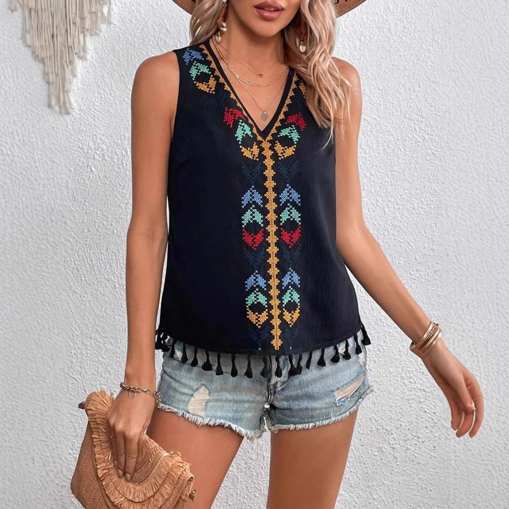 Women's V Neck Sleeveless Tank Top Slim Fit Bohemian Ethnic Embroidery Fringe Hem Casual Blouse