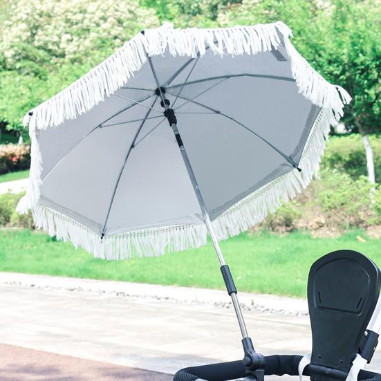 Stroller Umbrella with Tassels Clamp UPF 50+ Sun Protection Adjustable Rotary Waterproof Windproof Outdoor UV Blocking Pram Umbrella Parasol