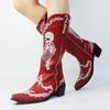 Women Skull Skeleton Selfie Cowboy Western Mid Calf Boots Pointed Toe Slip-On Stacked Heel Goth Punk Autumn Shoes
