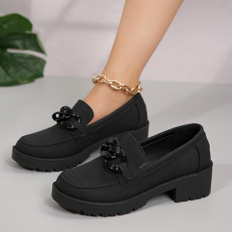 Fashion Metal Buckle Block Heel Single Shoes Autumn New Round Toe Deep Mouth Platform Sole Non-slip Wear-resistant Single Shoes