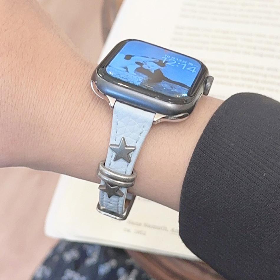 Браслет из кожи личи со звездными заклепками для Apple Watch Band S11/10/9/8/7/6/Ultra Ремешок iWatch 49/46/45/44/42/41/40/38 мм Тонкий Стильный