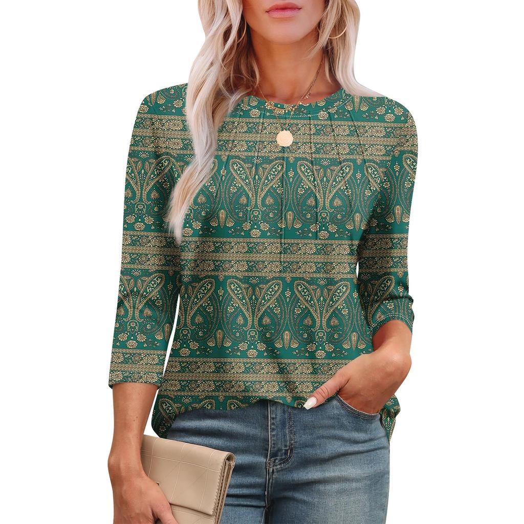 Женская модная футболка с круглым вырезом и рукавом 3/4 с принтом, повседневная, базовая, плиссированная, пуловер