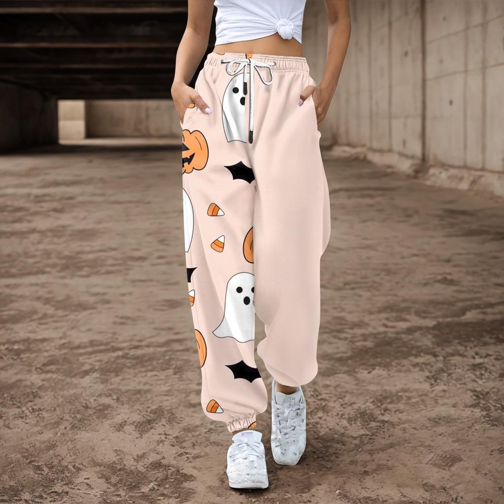 Женские повседневные брюки с принтом на Хэллоуин, эластичные брюки с завязками на талии