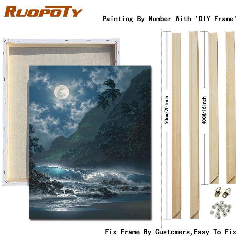 RUOPOTY DIY Painting By Numbers Moon Landscape Acrylic On Canvas Wall Art Picture By Numbers Seaside For Living Room