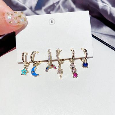 Серьги-кольца из стерлингового серебра 925 пробы с луной и звездами для женщин, набор из 6 серег с цветным цирконием