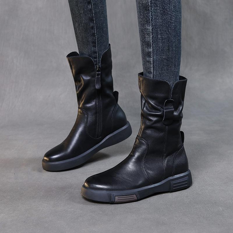 Мода Мода Женские Сапоги Осень Зима Плюшевые Теплые Сапоги до Середины Икры Круглый Носок Молния Плиссированные Толстая Подошва Кожа Хлопок Сапоги