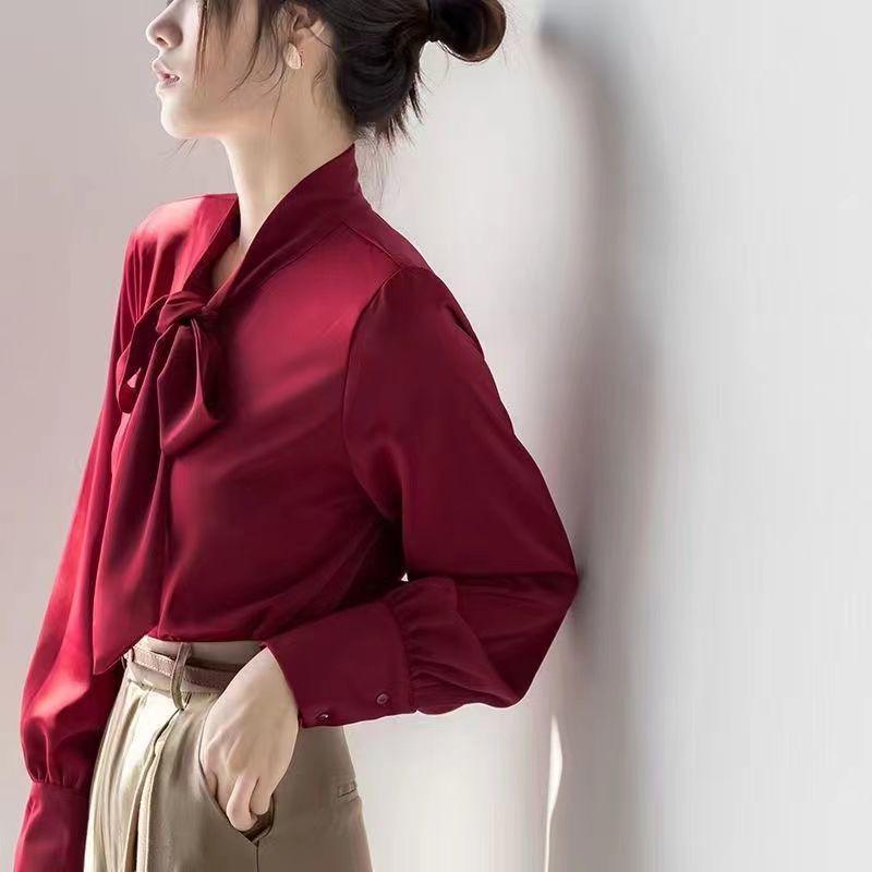 Ацетатный сатин Французская придворная рубашка: Блузка с бантом Весна/Осень 2025