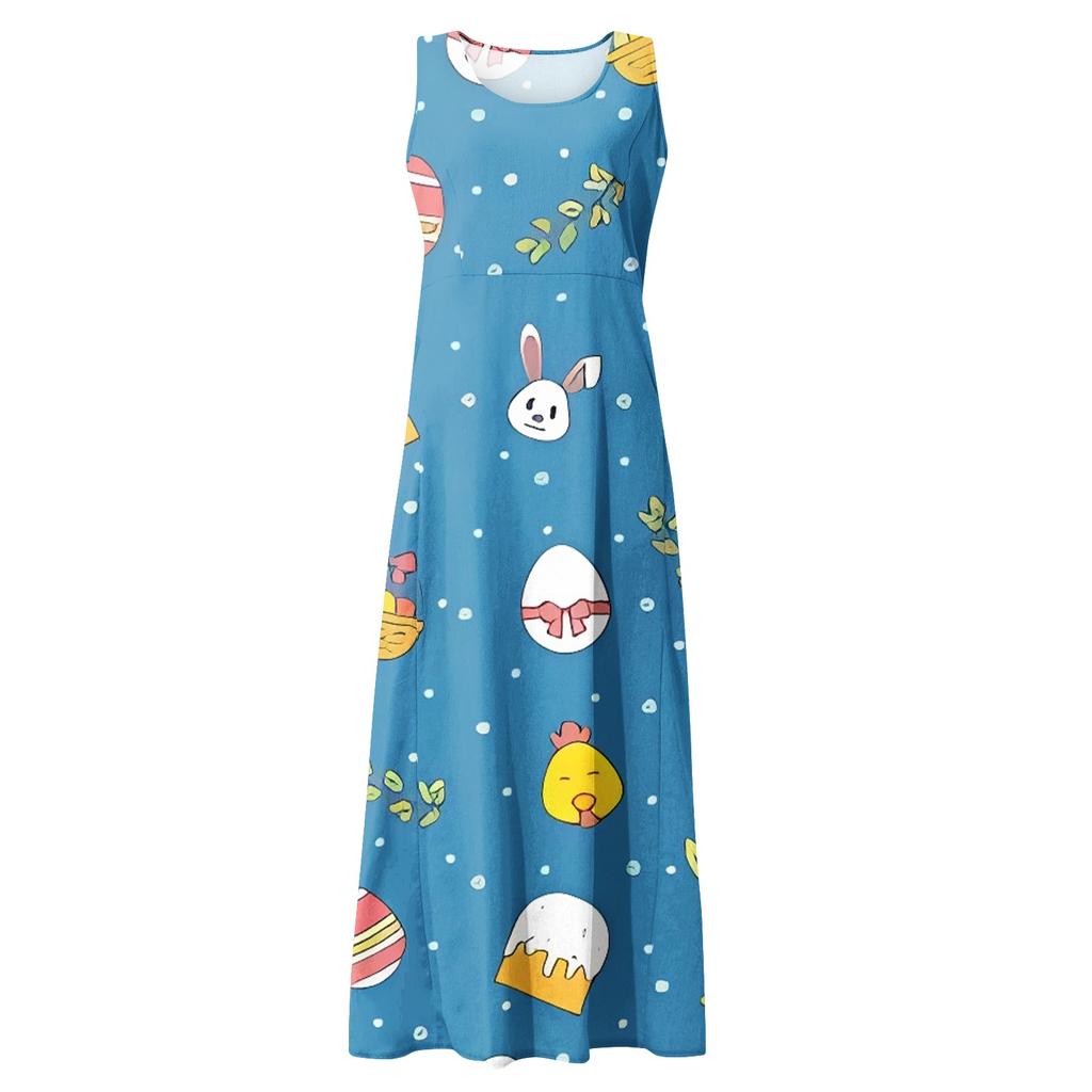 Women's Summer Casual Fashion Easter Printed Sleeveless Round Neck Pocket Dress